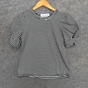 BURU Puff Sleeve Shirt Womens XS Striped Black White Knit Top Twist Hem Designer